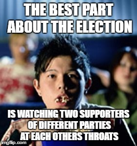 i don't care about this madness, but who can resist? | THE BEST PART ABOUT THE ELECTION; IS WATCHING TWO SUPPORTERS OF DIFFERENT PARTIES AT EACH OTHERS THROATS | image tagged in memes | made w/ Imgflip meme maker