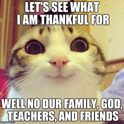 Smiling Cat Meme | LET'S SEE WHAT I AM THANKFUL FOR; WELL NO DUR FAMILY, GOD, TEACHERS, AND FRIENDS | image tagged in memes,smiling cat | made w/ Imgflip meme maker