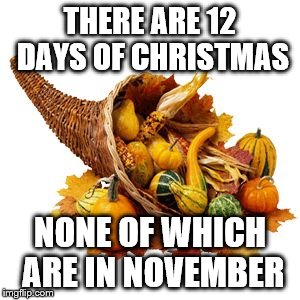 cornucopia | THERE ARE 12 DAYS OF CHRISTMAS; NONE OF WHICH ARE IN NOVEMBER | image tagged in cornucopia | made w/ Imgflip meme maker