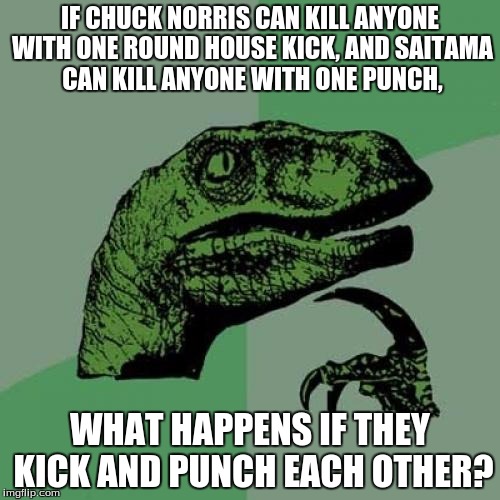 Philosoraptor | IF CHUCK NORRIS CAN KILL ANYONE WITH ONE ROUND HOUSE KICK, AND SAITAMA CAN KILL ANYONE WITH ONE PUNCH, WHAT HAPPENS IF THEY KICK AND PUNCH EACH OTHER? | image tagged in memes,philosoraptor | made w/ Imgflip meme maker