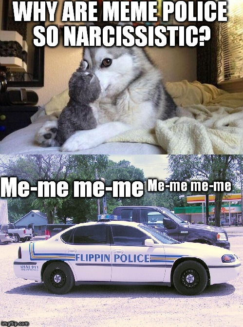 Just having fun with ya'll... | WHY ARE MEME POLICE SO NARCISSISTIC? | image tagged in meme,meme police | made w/ Imgflip meme maker