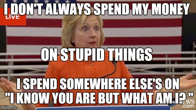 Hillary Clinton Fail | I DON'T ALWAYS SPEND MY MONEY; ON STUPID THINGS; I SPEND SOMEWHERE ELSE'S ON "I KNOW YOU ARE BUT WHAT AM I? " | image tagged in hillary clinton fail | made w/ Imgflip meme maker