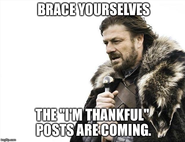 Brace Yourselves X is Coming | BRACE YOURSELVES; THE "I'M THANKFUL" POSTS ARE COMING. | image tagged in memes,brace yourselves x is coming | made w/ Imgflip meme maker