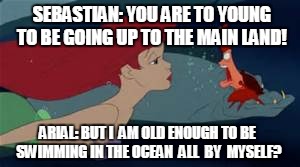 Little Mermaid | SEBASTIAN: YOU ARE TO YOUNG TO BE GOING UP TO THE MAIN LAND! ARIAL: BUT I  AM OLD ENOUGH TO BE SWIMMING IN THE OCEAN  ALL  BY  MYSELF? | image tagged in under,the,sea | made w/ Imgflip meme maker