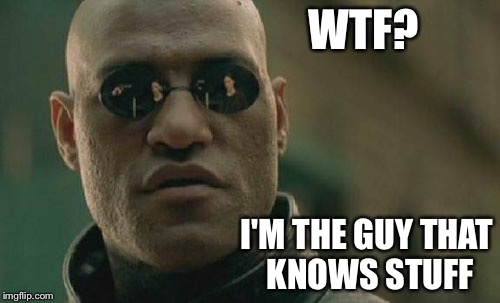Matrix Morpheus Meme | WTF? I'M THE GUY THAT KNOWS STUFF | image tagged in memes,matrix morpheus | made w/ Imgflip meme maker
