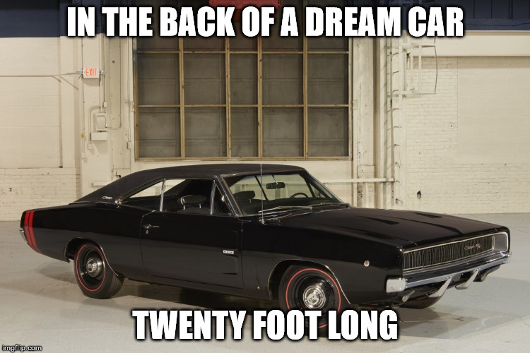 IN THE BACK OF A DREAM CAR; TWENTY FOOT LONG | image tagged in charger | made w/ Imgflip meme maker