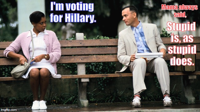 Forest Gump | Mama always said, I'm voting for Hillary. Stupid is, as stupid does. | image tagged in forest gump,hillary,stupid | made w/ Imgflip meme maker