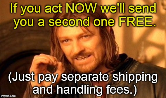 One does not simply order one when two can be had for no more (just add separate shipping and handling). | If you act NOW we'll send you a second one FREE. (Just pay separate shipping and handling fees.) | image tagged in one does not simply,order now,just add separate sh,shipping  handling,two-fer,act now | made w/ Imgflip meme maker