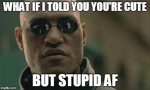 Matrix Morpheus | WHAT IF I TOLD YOU YOU'RE CUTE; BUT STUPID AF | image tagged in memes,matrix morpheus | made w/ Imgflip meme maker