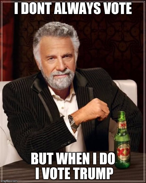 The Most Interesting Man In The World | I DONT ALWAYS VOTE; BUT WHEN I DO I VOTE TRUMP | image tagged in memes,the most interesting man in the world | made w/ Imgflip meme maker
