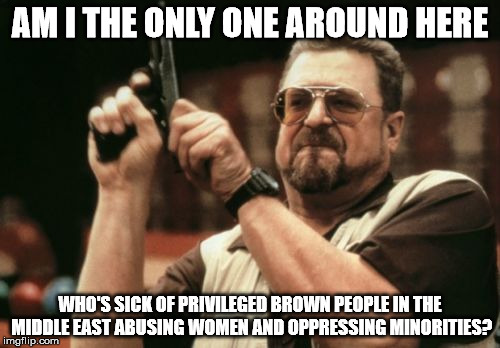 Am I The Only One Around Here | AM I THE ONLY ONE AROUND HERE; WHO'S SICK OF PRIVILEGED BROWN PEOPLE IN THE MIDDLE EAST ABUSING WOMEN AND OPPRESSING MINORITIES? | image tagged in memes,am i the only one around here | made w/ Imgflip meme maker