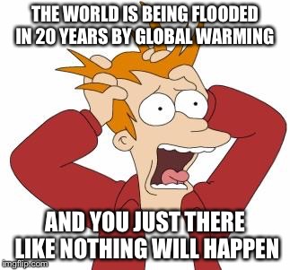 Fry Freaking Out | THE WORLD IS BEING FLOODED IN 20 YEARS BY GLOBAL WARMING; AND YOU JUST THERE LIKE NOTHING WILL HAPPEN | image tagged in fry freaking out | made w/ Imgflip meme maker