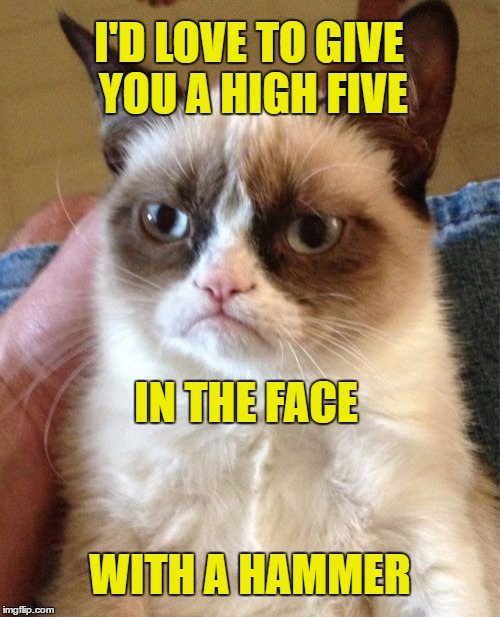 Grumpy Cat | I'D LOVE TO GIVE YOU A HIGH FIVE; IN THE FACE; WITH A HAMMER | image tagged in memes,grumpy cat | made w/ Imgflip meme maker