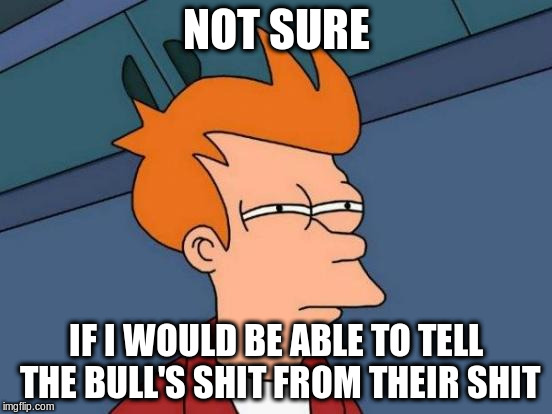 Futurama Fry Meme | NOT SURE IF I WOULD BE ABLE TO TELL THE BULL'S SHIT FROM THEIR SHIT | image tagged in memes,futurama fry | made w/ Imgflip meme maker