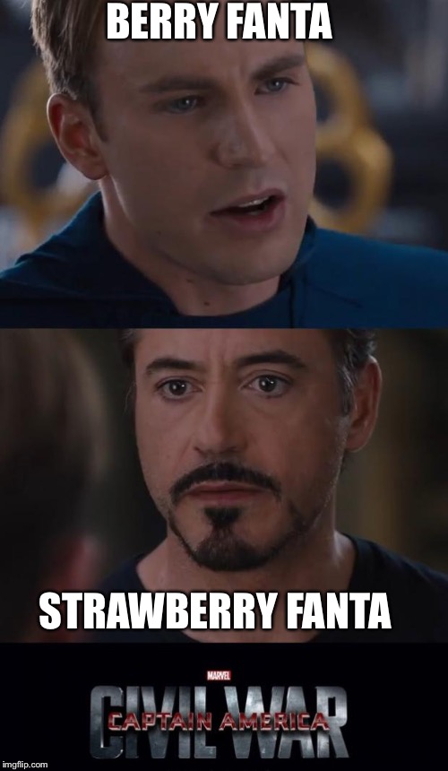 Marvel Civil War | BERRY FANTA; STRAWBERRY FANTA | image tagged in memes,marvel civil war | made w/ Imgflip meme maker