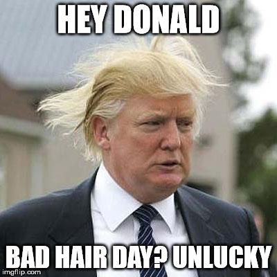 Donald Trump | HEY DONALD; BAD HAIR DAY? UNLUCKY | image tagged in donald trump | made w/ Imgflip meme maker