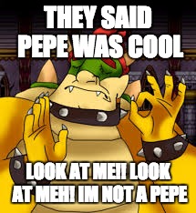 THEY SAID PEPE WAS COOL; LOOK AT ME!! LOOK AT MEH! IM NOT A PEPE | image tagged in meme | made w/ Imgflip meme maker