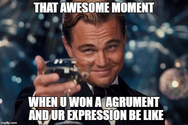 Leonardo Dicaprio Cheers Meme | THAT AWESOME MOMENT; WHEN U WON A  AGRUMENT  AND UR EXPRESSION BE LIKE | image tagged in memes,leonardo dicaprio cheers | made w/ Imgflip meme maker