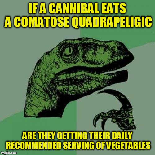 Philosoraptor | IF A CANNIBAL EATS A COMATOSE QUADRAPELIGIC; ARE THEY GETTING THEIR DAILY RECOMMENDED SERVING OF VEGETABLES | image tagged in memes,philosoraptor | made w/ Imgflip meme maker