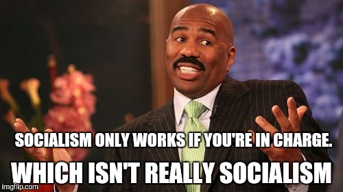 Steve Harvey Meme | SOCIALISM ONLY WORKS IF YOU'RE IN CHARGE. WHICH ISN'T REALLY SOCIALISM | image tagged in memes,steve harvey | made w/ Imgflip meme maker