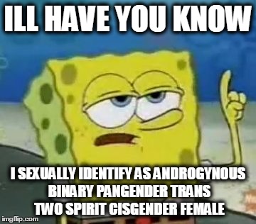 I'll Have You Know Spongebob | ILL HAVE YOU KNOW; I SEXUALLY IDENTIFY AS ANDROGYNOUS BINARY PANGENDER TRANS TWO SPIRIT CISGENDER FEMALE | image tagged in memes,ill have you know spongebob | made w/ Imgflip meme maker