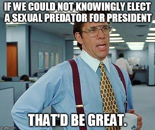 That'd Be Great | IF WE COULD NOT KNOWINGLY ELECT A SEXUAL PREDATOR FOR PRESIDENT; THAT'D BE GREAT. | image tagged in that'd be great,donald trump,election 2016,sexual predator,president 2016 | made w/ Imgflip meme maker