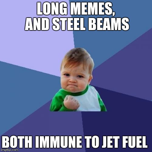 Success Kid | LONG MEMES, AND STEEL BEAMS; BOTH IMMUNE TO JET FUEL | image tagged in memes,success kid | made w/ Imgflip meme maker