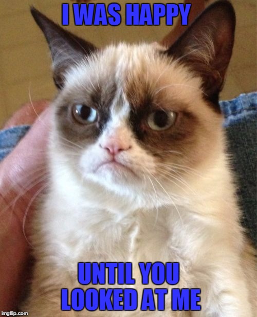 Grumpy Cat | I WAS HAPPY; UNTIL YOU LOOKED AT ME | image tagged in memes,grumpy cat | made w/ Imgflip meme maker