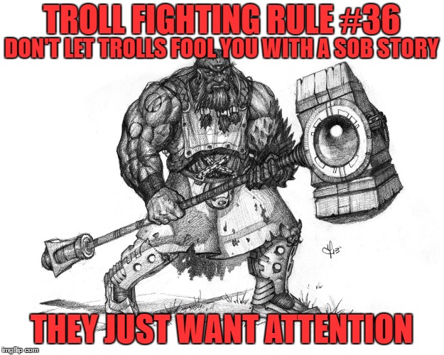 Troll Fighting Rule #36 | TROLL FIGHTING RULE #36; DON'T LET TROLLS FOOL YOU WITH A SOB STORY; THEY JUST WANT ATTENTION | image tagged in troll smasher | made w/ Imgflip meme maker