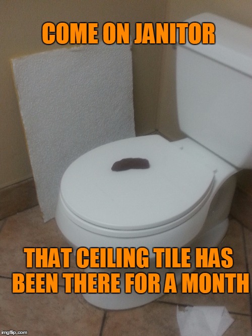 Not sure why the Janitor won't put it back up.. |  COME ON JANITOR; THAT CEILING TILE HAS BEEN THERE FOR A MONTH | image tagged in bathroom police,turd alert | made w/ Imgflip meme maker