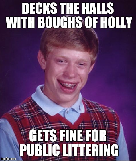 Bad Luck Brian Meme | DECKS THE HALLS WITH BOUGHS OF HOLLY GETS FINE FOR PUBLIC LITTERING | image tagged in memes,bad luck brian | made w/ Imgflip meme maker