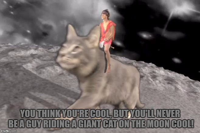 You'll Never Be On His Level | Template By AndrewFinlayson | YOU THINK YOU'RE COOL, BUT YOU'LL NEVER BE A GUY RIDING A GIANT CAT ON THE MOON COOL! | image tagged in mgmt cat rider,memes,andrewfinlayson,funny,cool,cats | made w/ Imgflip meme maker