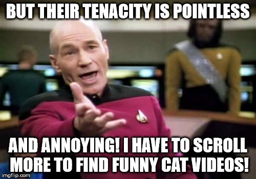 Picard Wtf Meme | BUT THEIR TENACITY IS POINTLESS AND ANNOYING! I HAVE TO SCROLL MORE TO FIND FUNNY CAT VIDEOS! | image tagged in memes,picard wtf | made w/ Imgflip meme maker