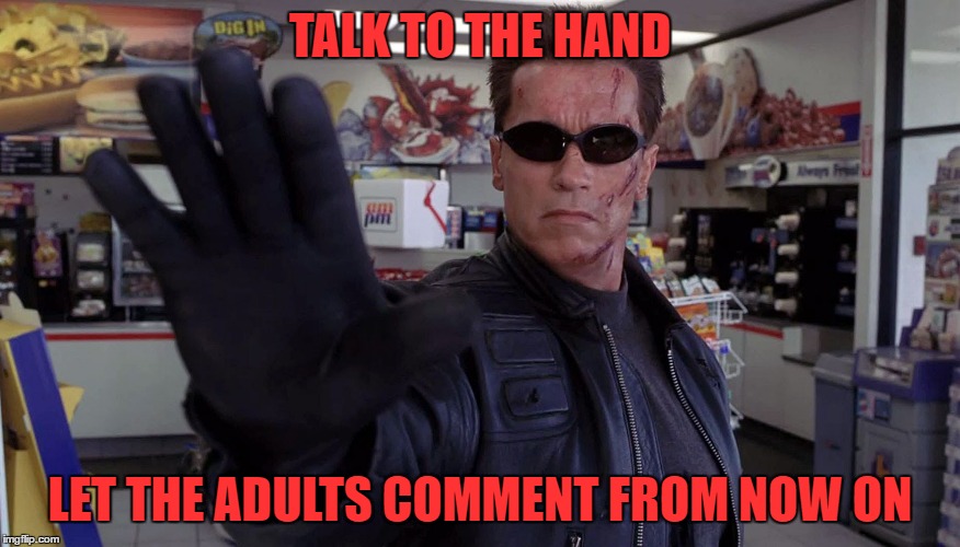 Terminator - Talk To The Hand | TALK TO THE HAND LET THE ADULTS COMMENT FROM NOW ON | image tagged in terminator - talk to the hand | made w/ Imgflip meme maker