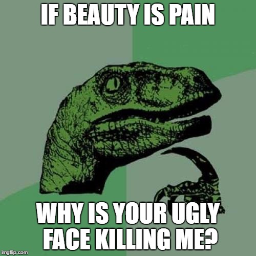 Philosoraptor | IF BEAUTY IS PAIN; WHY IS YOUR UGLY FACE KILLING ME? | image tagged in memes,philosoraptor | made w/ Imgflip meme maker