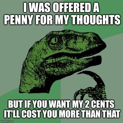 A Penny For Your Thoughts | I WAS OFFERED A PENNY FOR MY THOUGHTS; BUT IF YOU WANT MY 2 CENTS IT'LL COST YOU MORE THAN THAT | image tagged in memes,philosoraptor | made w/ Imgflip meme maker