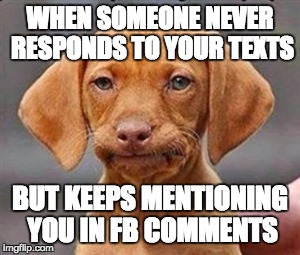 Frustrated dog | WHEN SOMEONE NEVER RESPONDS TO YOUR TEXTS; BUT KEEPS MENTIONING YOU IN FB COMMENTS | image tagged in frustrated dog | made w/ Imgflip meme maker