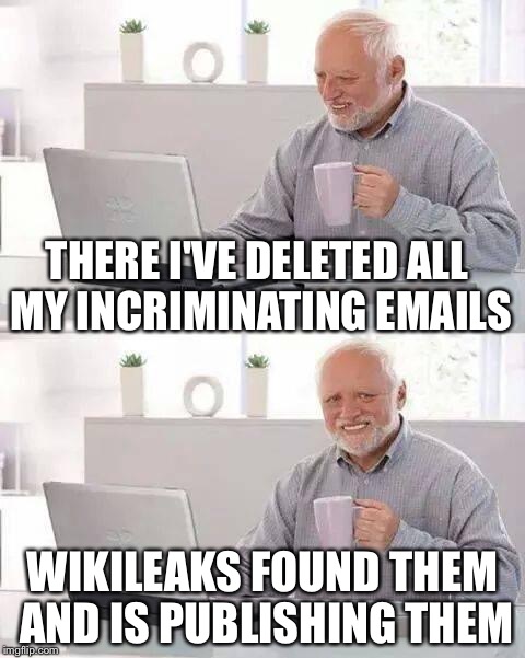 Wikileaks, the reliable email assistant | THERE I'VE DELETED ALL MY INCRIMINATING EMAILS; WIKILEAKS FOUND THEM AND IS PUBLISHING THEM | image tagged in memes,hide the pain harold | made w/ Imgflip meme maker