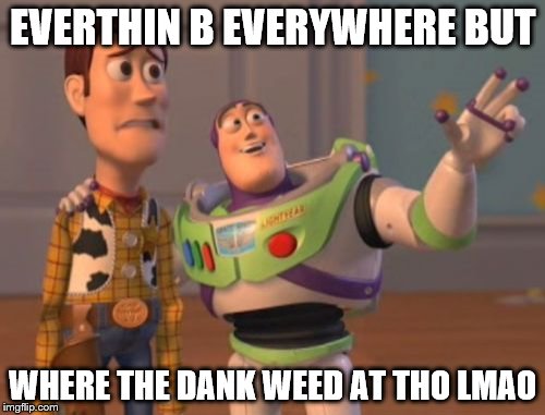 X, X Everywhere | EVERTHIN B EVERYWHERE BUT; WHERE THE DANK WEED AT THO LMAO | image tagged in memes,x x everywhere | made w/ Imgflip meme maker