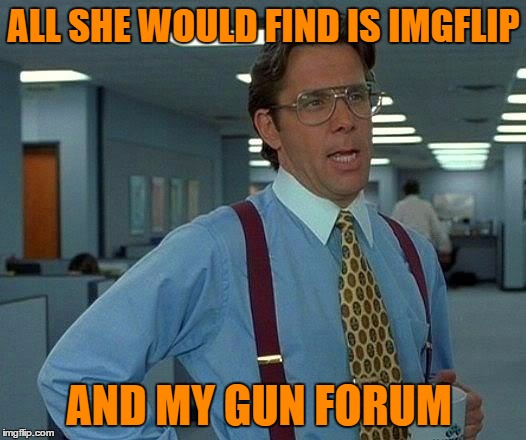 That Would Be Great Meme | ALL SHE WOULD FIND IS IMGFLIP AND MY GUN FORUM | image tagged in memes,that would be great | made w/ Imgflip meme maker