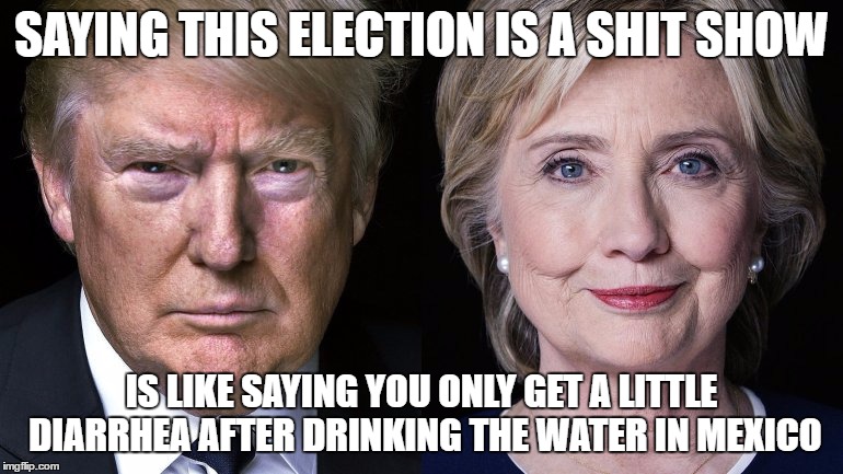 Donald Trump and Hillary Clinton | SAYING THIS ELECTION IS A SHIT SHOW; IS LIKE SAYING YOU ONLY GET A LITTLE DIARRHEA AFTER DRINKING THE WATER IN MEXICO | image tagged in donald trump and hillary clinton | made w/ Imgflip meme maker