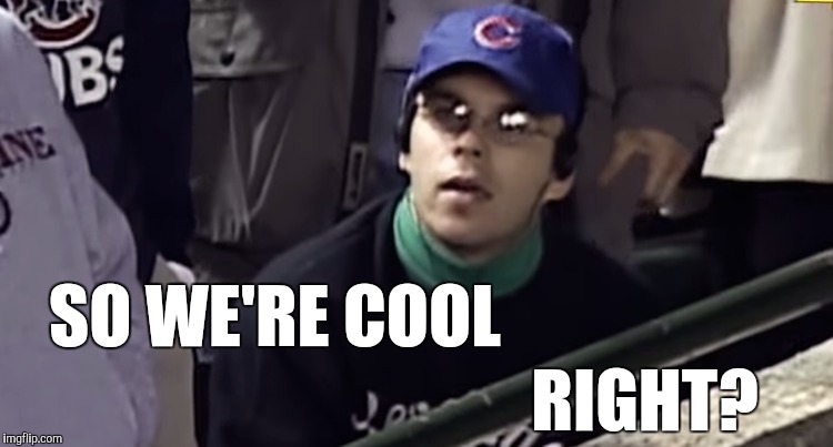Go Cubs | SO WE'RE COOL; RIGHT? | image tagged in steve bartman,chicago cubs | made w/ Imgflip meme maker