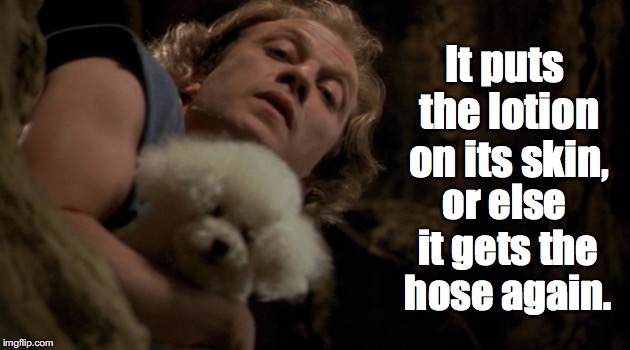 Buffalo Bill - It puts the lotion on it's skin, or else it gets  | It puts the lotion on its skin, or else it gets the hose again. | image tagged in buffalo bill - it puts the lotion on it's skin or else it gets  | made w/ Imgflip meme maker