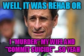 And people thought Sophie had a tough choice | WELL, IT WAS REHAB OR; I "MURDER" MY WIFE AND "COMMIT SUICIDE"...SO YEAH | image tagged in hillary clinton,election 2016,anthony weiner,sarcasm | made w/ Imgflip meme maker