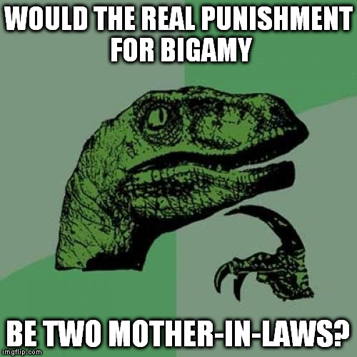 Seems to me... | WOULD THE REAL PUNISHMENT FOR BIGAMY; BE TWO MOTHER-IN-LAWS? | image tagged in memes,philosoraptor,mother-in-law jokes | made w/ Imgflip meme maker