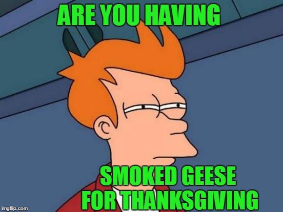 Futurama Fry Meme | ARE YOU HAVING SMOKED GEESE FOR THANKSGIVING | image tagged in memes,futurama fry | made w/ Imgflip meme maker