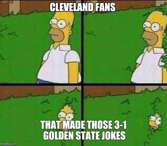 Homer Simpson in Bush - Large | CLEVELAND FANS; THAT MADE THOSE 3-1 GOLDEN STATE JOKES | image tagged in homer simpson in bush - large | made w/ Imgflip meme maker
