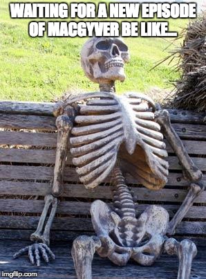 When you're waiting for the next MacGyver episode. | WAITING FOR A NEW EPISODE OF MACGYVER BE LIKE... | image tagged in memes,waiting skeleton,macgyver,new episode pls | made w/ Imgflip meme maker
