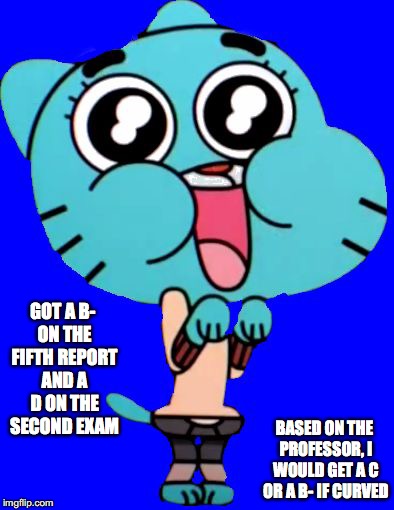 Moving Forward | GOT A B- ON THE FIFTH REPORT AND A D ON THE SECOND EXAM; BASED ON THE PROFESSOR, I WOULD GET A C OR A B- IF CURVED | image tagged in gumball  w,college,physics,memes | made w/ Imgflip meme maker