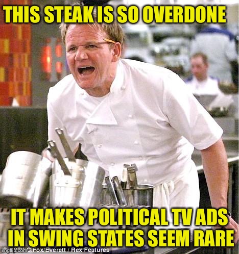 Chef Gordon Ramsay Meme | THIS STEAK IS SO OVERDONE; IT MAKES POLITICAL TV ADS IN SWING STATES SEEM RARE | image tagged in memes,chef gordon ramsay | made w/ Imgflip meme maker